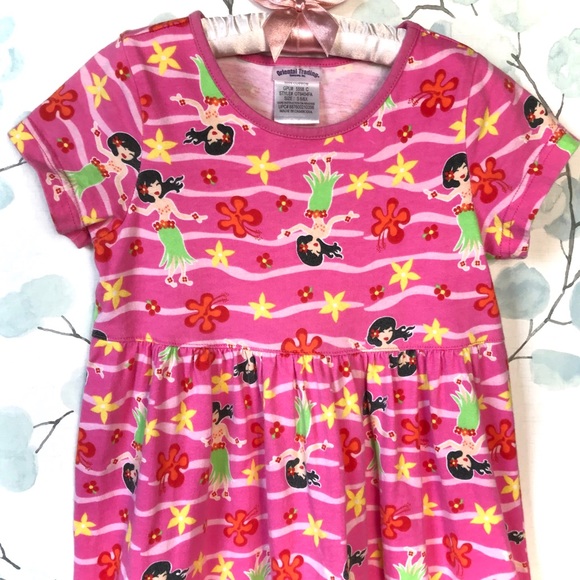Kids Summer Floral Stripe Pink Red Yellow Hawaiian Hula Dress Oriental Trading - Picture 2 of 10